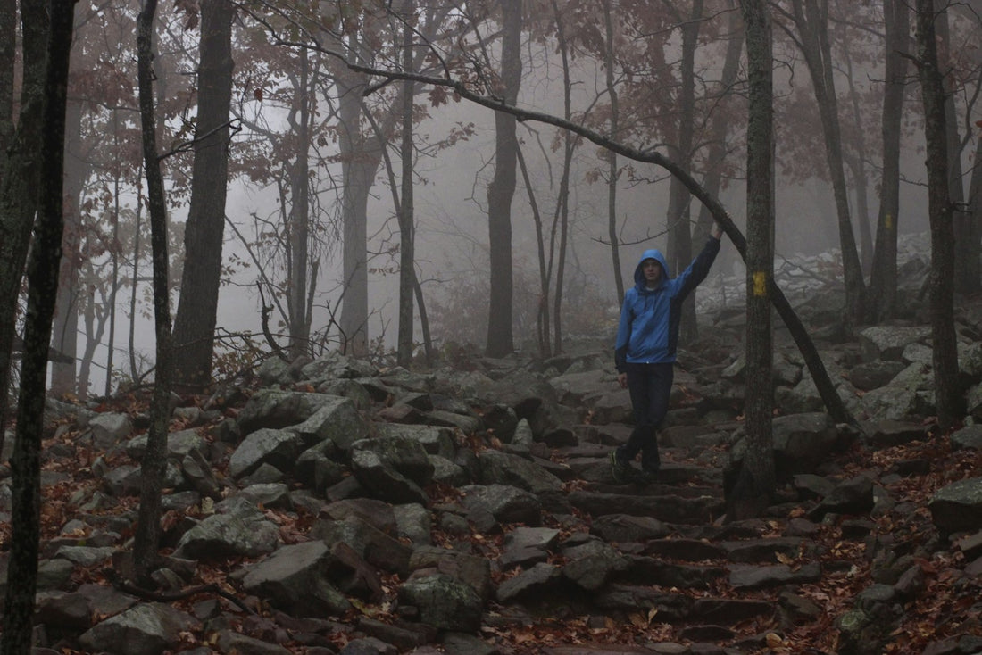 Hombre con chaqueta de montaña de pie sobre una roca en medio del bosque observando el entorno