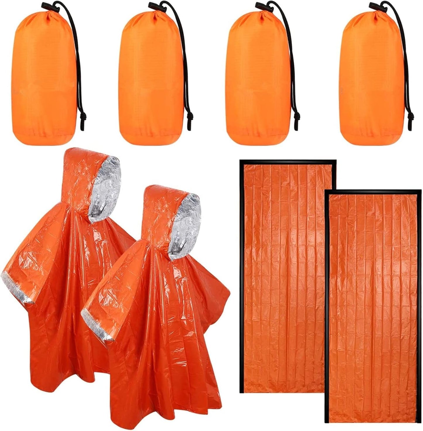 Emergency Sleeping Bags, Waterproof Survival Poncho Blanket with Lightweight Portable Nylon Sack Gear for Outdoor Camping Hiking(2 Pack Bivy Sack&2 Pack Emergency Poncho)
