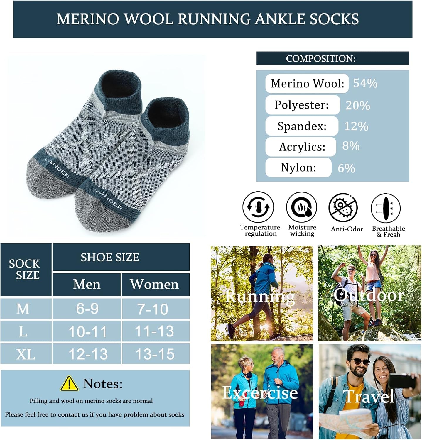 Merino Wool Running Ankle Socks Breathable Thin Lightweight Anti-Blister Athletic Socks 3 Pairs Moisture Wicking