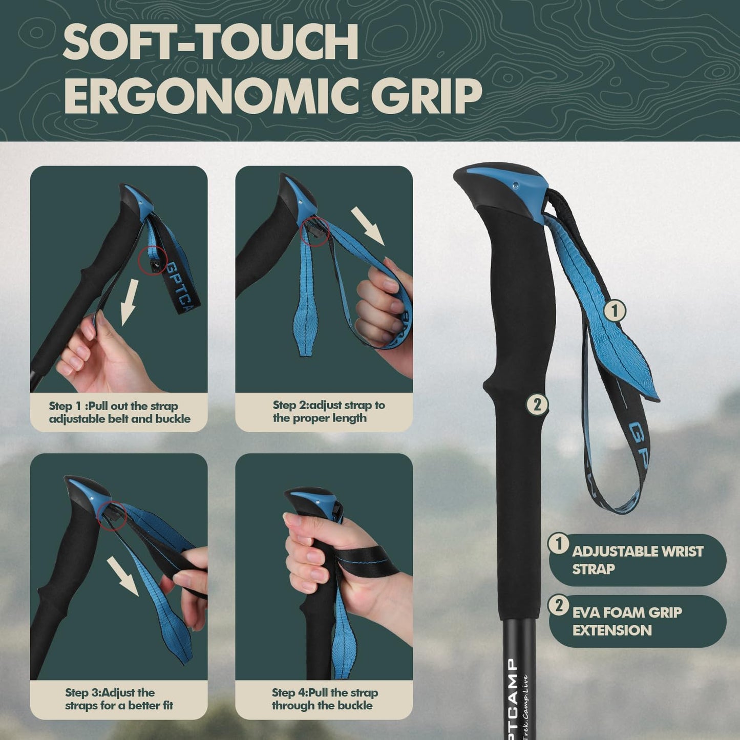Collapsible Hiking Sticks,Lightweight Folding Trekking Poles,Adjustable Travel Walking Poles with EVA Foam Grip for Men & Women,Single Pole or Pair Available, Blue