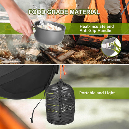 Camping Cookware Set, Portable Camping Mess Kit with Non-Stick Pots, Pans Set and Folding Fork, Lightweight Backpacking Cookware Cooking Set for Outdoor/Camping/Hiking/Picnic