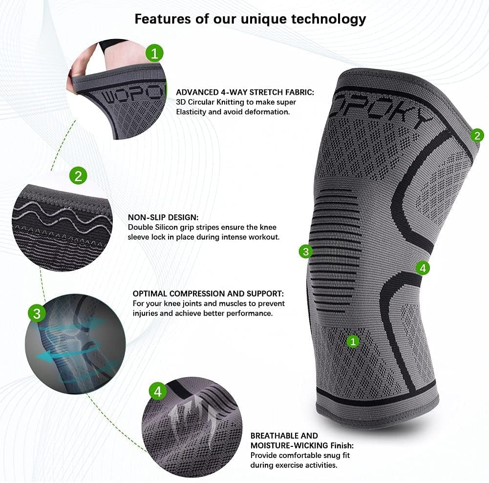 Knee Brace Sleeves for Weightlifting Working Out, Knee Pain Relief for Meniscus Tear Arthritis ACL MCL (2 Pack)
