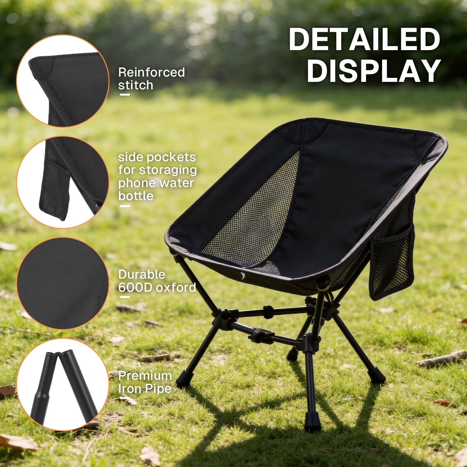 Folding Camping Chair, Portable Backpacking Chair with Carry Bag, Lightweight Hiking Chair for Outdoor Camp, Travel, Beach, Picnic, Black