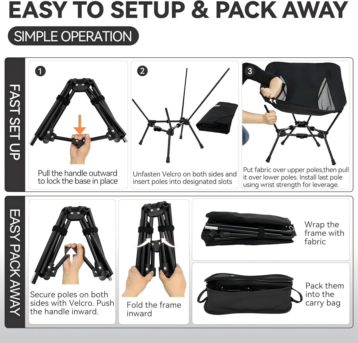 Folding Camping Chair, Portable Backpacking Chair with Carry Bag, Lightweight Hiking Chair for Outdoor Camp, Travel, Beach, Picnic, Black