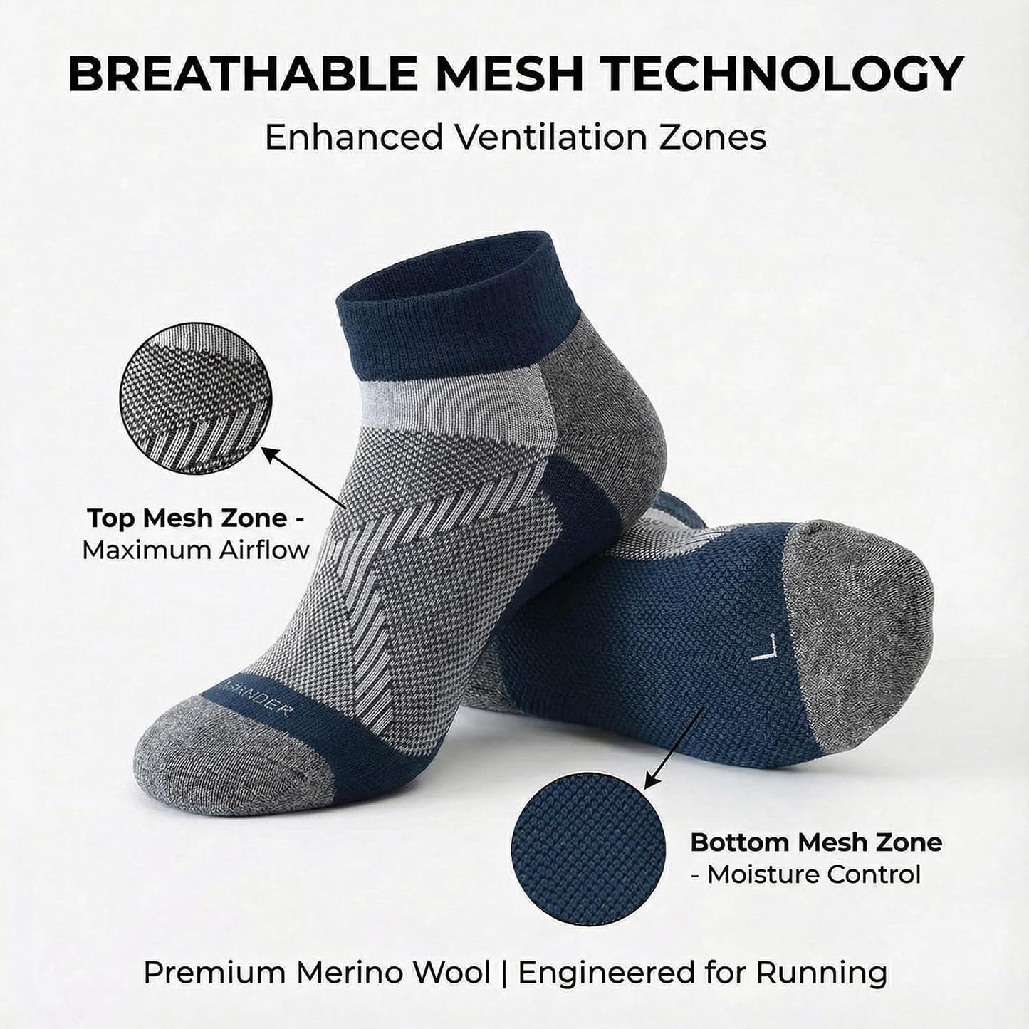 Merino Wool Running Ankle Socks Breathable Thin Lightweight Anti-Blister Athletic Socks 3 Pairs Moisture Wicking