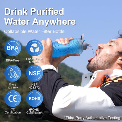 700Ml Collapsible Water Filter Bottle,Squeeze Water Filtered Bottle，Bpa-Free, Ultra Light Emergency Survival Water Filter，Perfect for Hiking, Backpacking, Camping