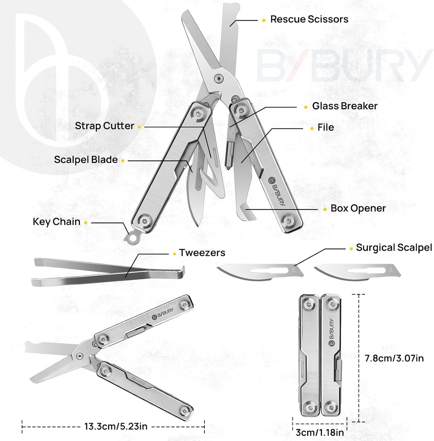 Mini Multitool BI2052A, 8 in 1 Keychain EDC Scissors W/Window Breaker, Seat Belt Cutter, Bottle Opener for Outdoor Survival, Multi Tool Cool Gadget TSA Approved, Gift for Men Women