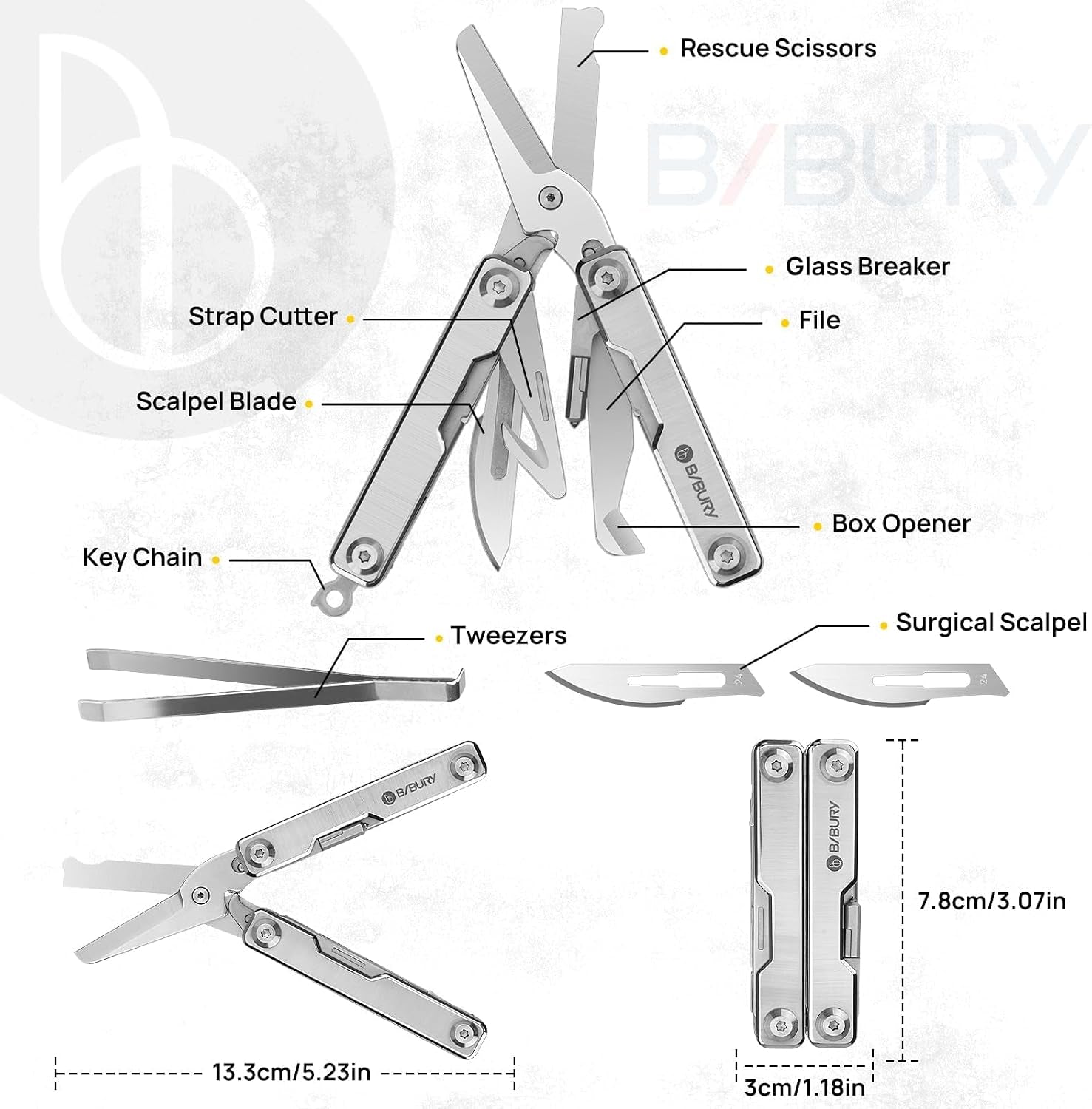 Mini Multitool BI2052A, 8 in 1 Keychain EDC Scissors W/Window Breaker, Seat Belt Cutter, Bottle Opener for Outdoor Survival, Multi Tool Cool Gadget TSA Approved, Gift for Men Women