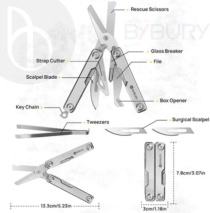 Mini Multitool BI2052A, 8 in 1 Keychain EDC Scissors W/Window Breaker, Seat Belt Cutter, Bottle Opener for Outdoor Survival, Multi Tool Cool Gadget TSA Approved, Gift for Men Women