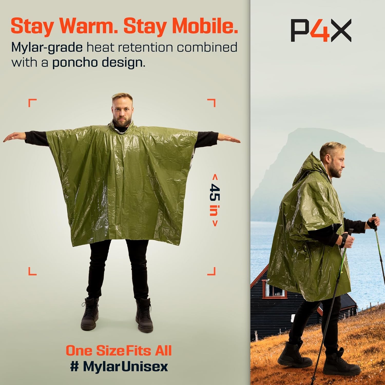 Emergency Mylar Poncho – Survival Rain Poncho with Hood – Lightweight, Compact, Reusable Emergency Blanket Poncho for Hiking, Camping, Thermal Gear, Car Kit, Outdoors