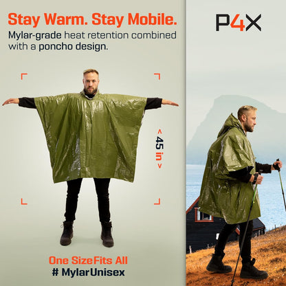Emergency Mylar Poncho – Survival Rain Poncho with Hood – Lightweight, Compact, Reusable Emergency Blanket Poncho for Hiking, Camping, Thermal Gear, Car Kit, Outdoors