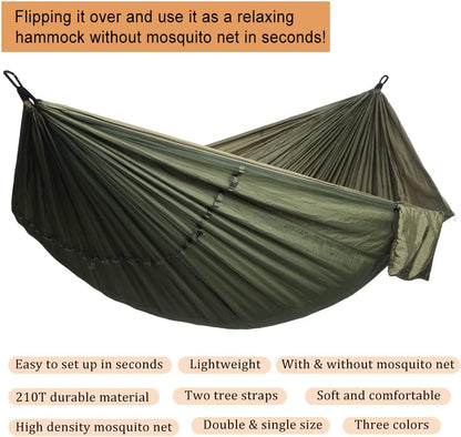 Camping Hammock with Mosquito Net, Double & Single Lightweight Portable Hammocks with Tree Straps, Parachute Hammock for Camping, Backpacking