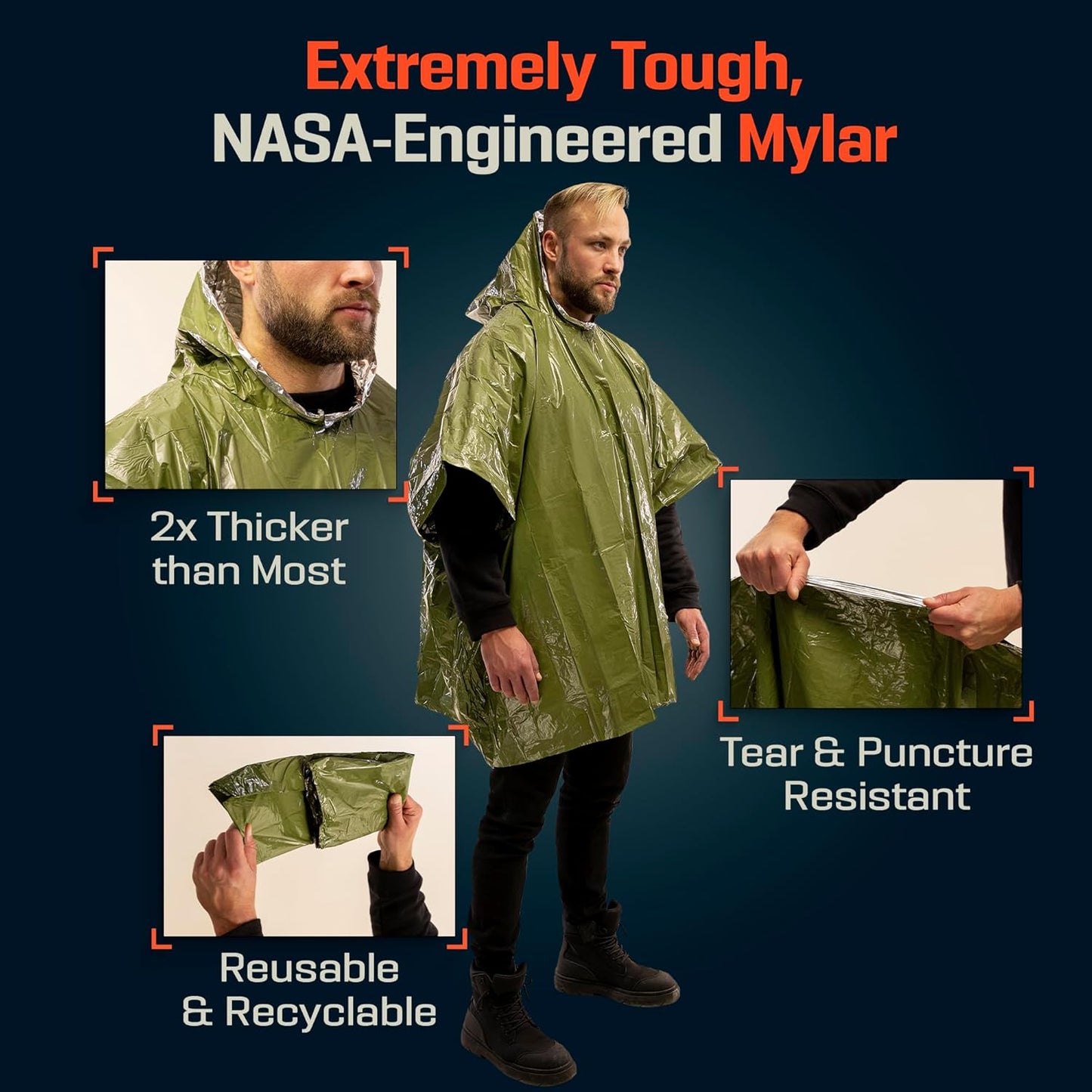 Emergency Mylar Poncho – Survival Rain Poncho with Hood – Lightweight, Compact, Reusable Emergency Blanket Poncho for Hiking, Camping, Thermal Gear, Car Kit, Outdoors