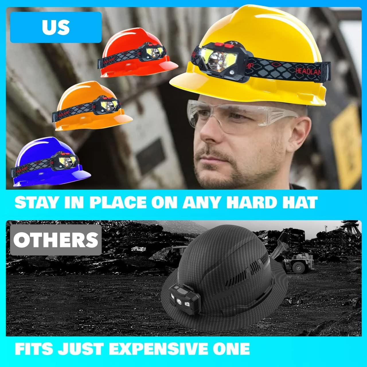 Hard Hat Light, Headlamp Rechargeable - Hard Hat or Helmet Not Incl | Lightweight USB, XPG+COB 3 LED 200 Lumen Camping Helmet Light for Adults with Red Light IP44 Waterproof - Helmet Not Incl