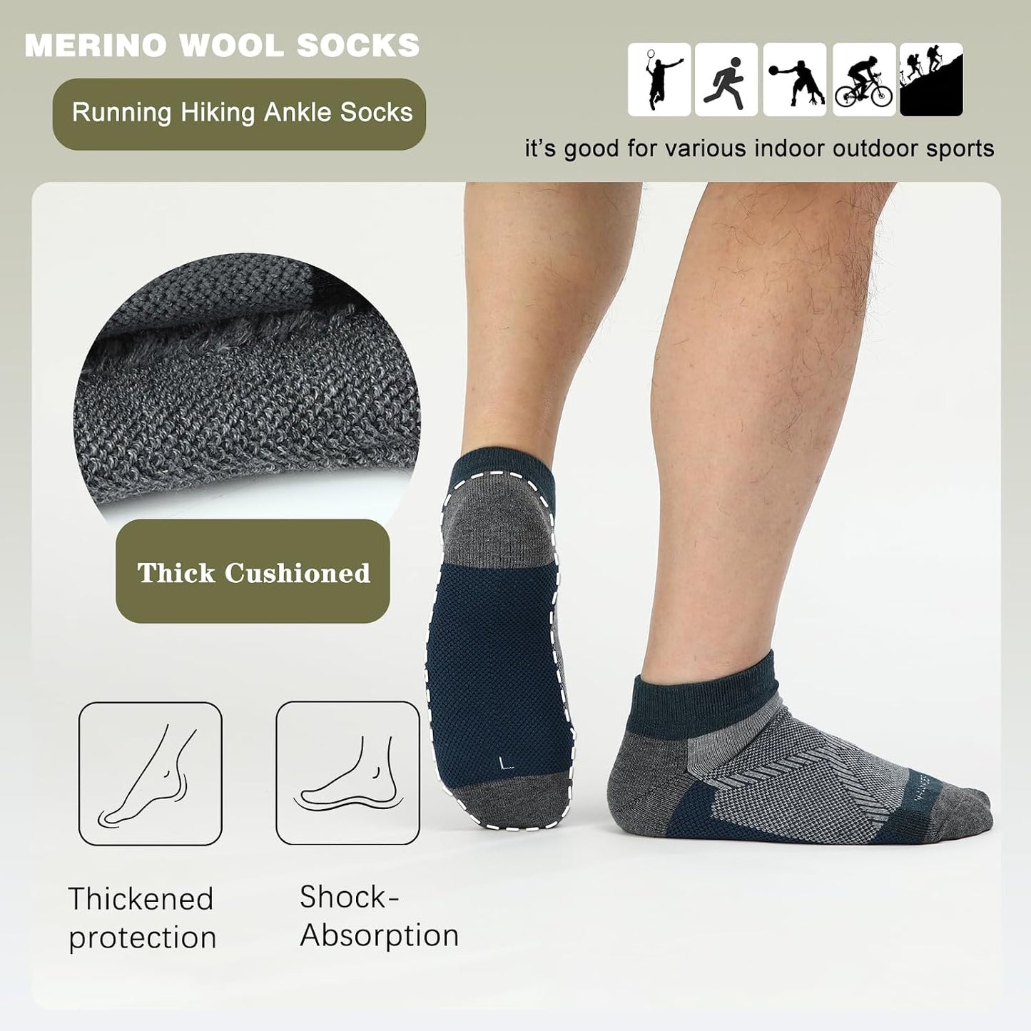 Merino Wool Running Ankle Socks Breathable Thin Lightweight Anti-Blister Athletic Socks 3 Pairs Moisture Wicking