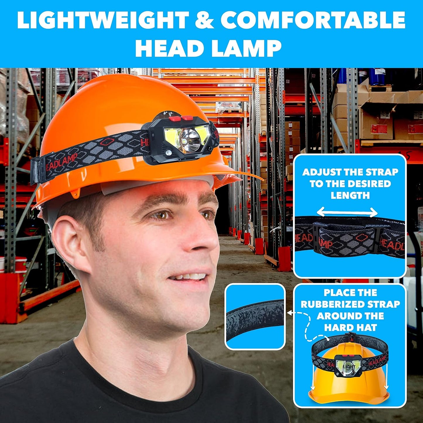 Hard Hat Light, Headlamp Rechargeable - Hard Hat or Helmet Not Incl | Lightweight USB, XPG+COB 3 LED 200 Lumen Camping Helmet Light for Adults with Red Light IP44 Waterproof - Helmet Not Incl