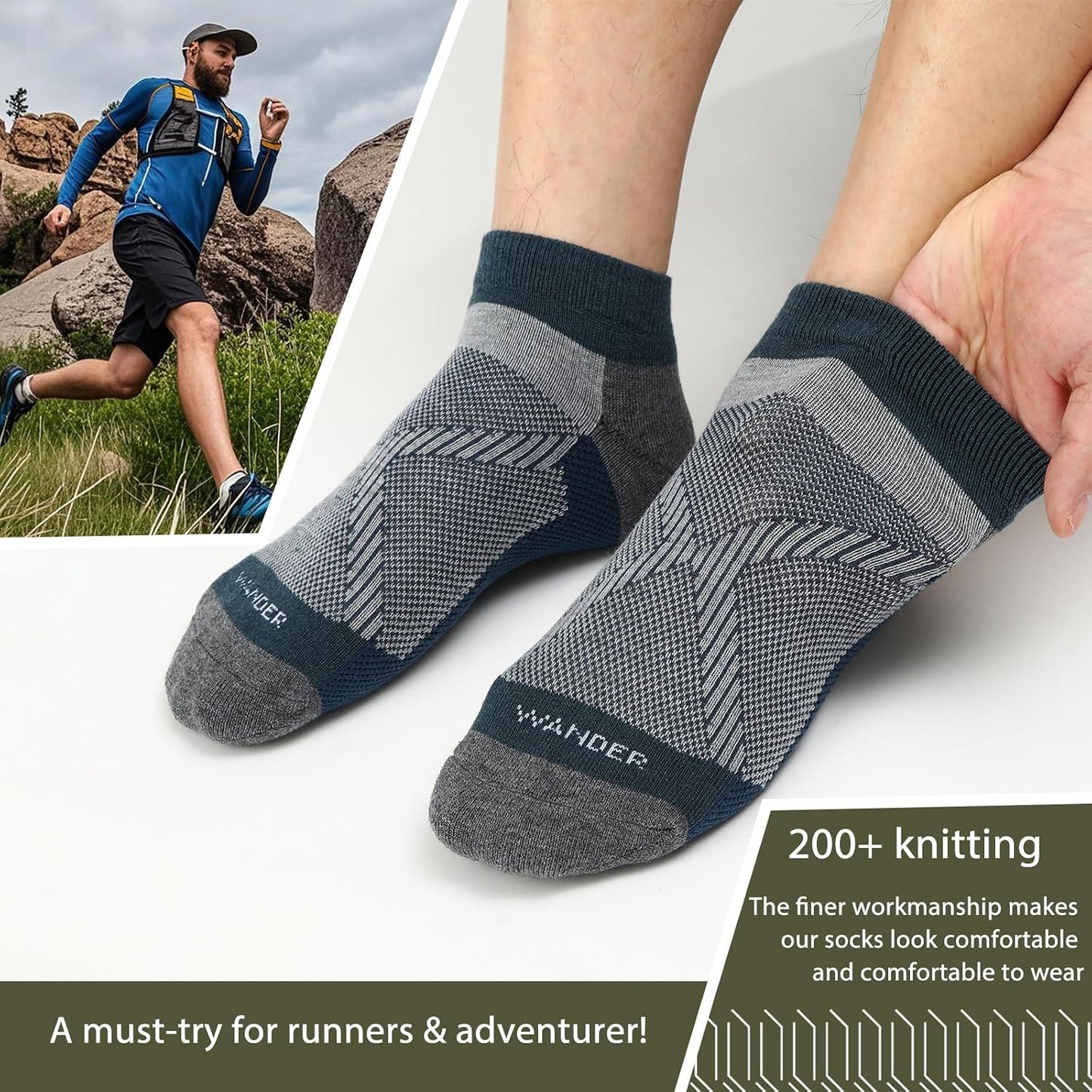Merino Wool Running Ankle Socks Breathable Thin Lightweight Anti-Blister Athletic Socks 3 Pairs Moisture Wicking
